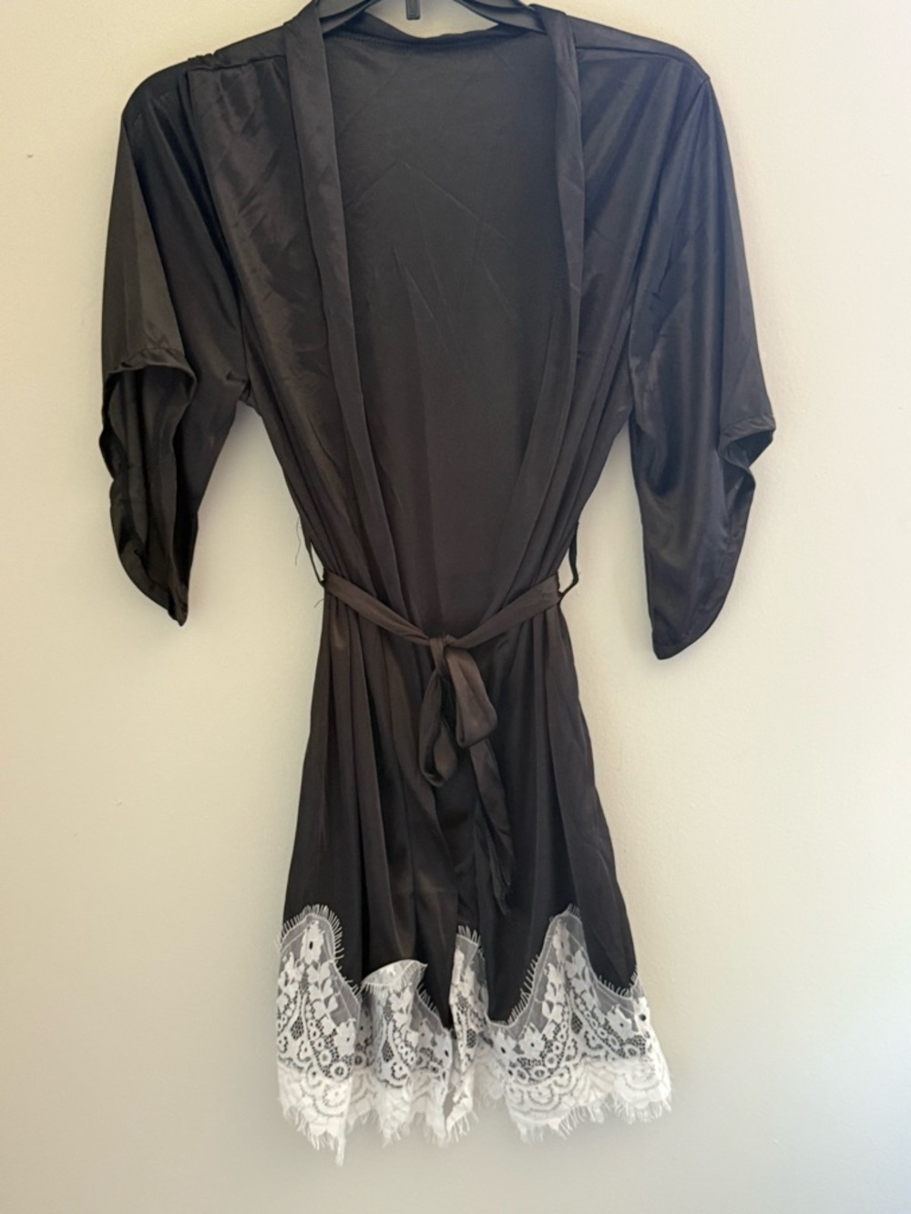 Black Satin Robe with White Lace Trim